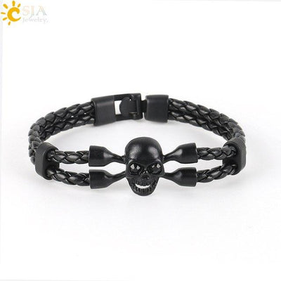 CSJA Skull Leather Bracelet for Men Black Skeleton Bracelets Multilayer Pirate Jewelry Pulseras Fashion Braided Wristband P022 - Done by Lemon 