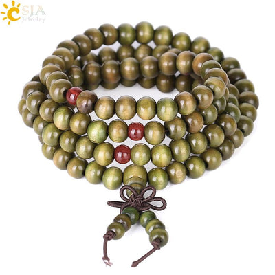 CSJA Green Wood Buddha Beads Bracelets Link Wrist Bracelet Buddhist Prayer Bead Chinese Knot Elastic Rope Religious Jewelry S036 - Done by Lemon 